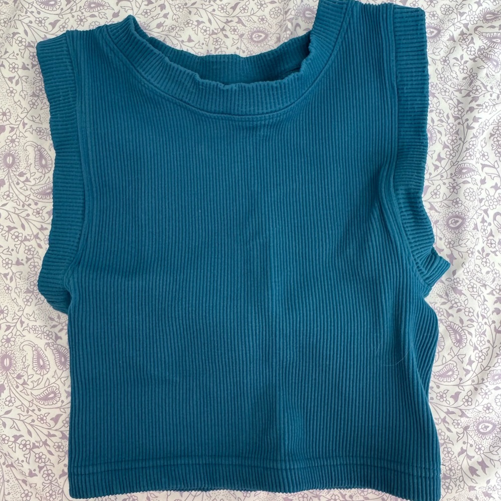 Free People Blue Ribbed Sleeveless Muscle Tee